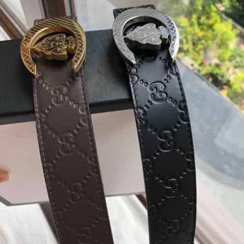 古驰(Gucci)精钢盾牌金属扣搭配压花牛皮腰带3.5cm