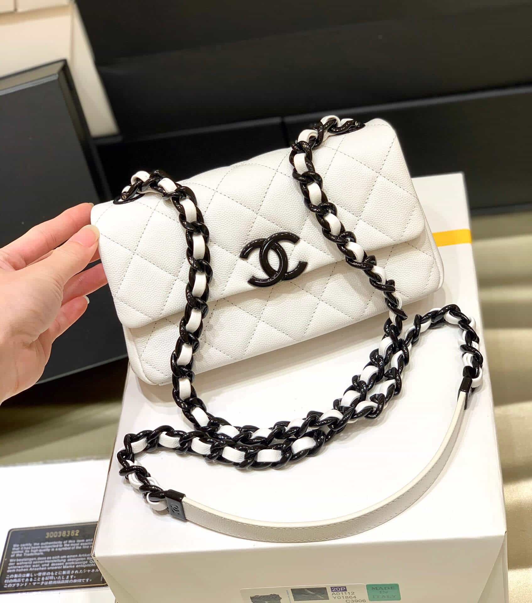 Authentic Chanel Small Flap Bag White Grained Calfskin Black Lacquered  Metal AS2302 B04864 C0200