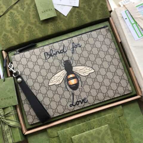 Gucci蜜蜂印花Supreme高级帆布手包 473904帆布蜜蜂/黑皮