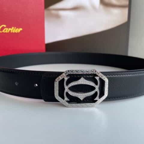 Cartier卡地亚   精钢双C镶嵌钻金属扣头层牛皮羊纹理腰带3.5cm