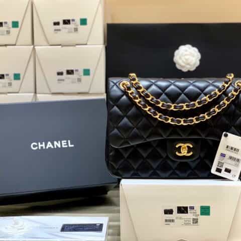 Chanel CF30CM羊皮Classic flap bag A58600黑色金扣