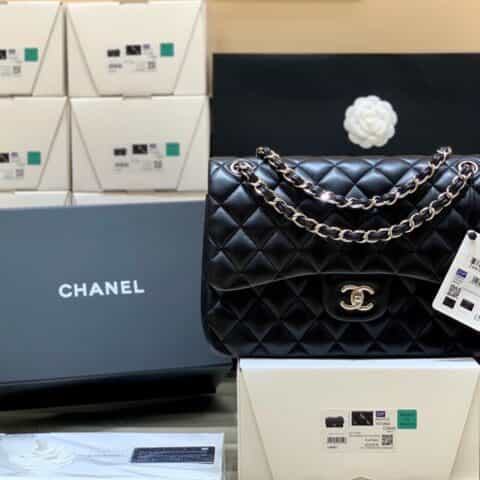 Chanel CF30CM羊皮Classic flap bag A58600黑色银扣