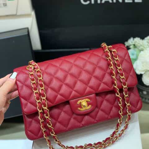 Chanel CF25 Classic flap bag A01112球纹牛皮中国红