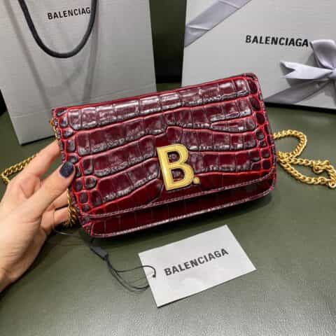 Balenciaga B wallet on chain 豆腐包 593615鳄鱼纹酒红色金扣
