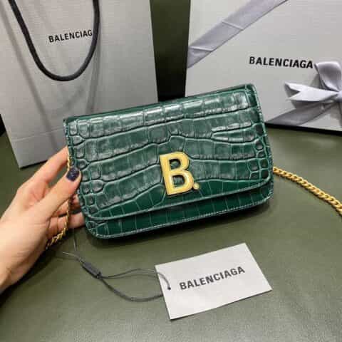 Balenciaga B wallet on chain 豆腐包 593615鳄鱼纹绿色金扣