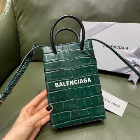 Balenciaga Shopping Bag 鳄鱼纹购物纸袋包 593826墨绿色