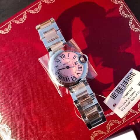 卡地亚18k电镀玫瑰金粉贝母面28mm腕表