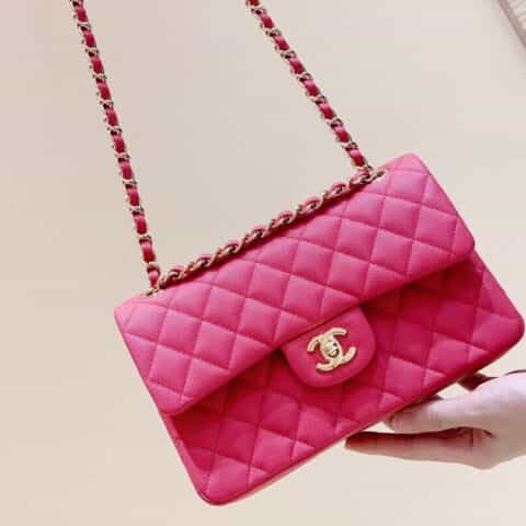 Chanel CF23 Classic flap bag A01113桃红色球纹牛皮金扣