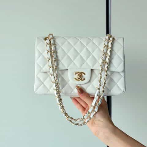 Chanel CF23 Classic flap bag A01113白色球纹牛皮金扣