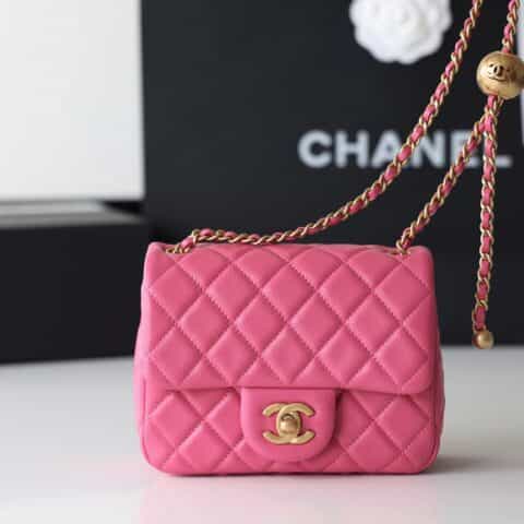 Chanel Flap Bag CF Mini羊皮方胖子金球包 AS1786玫红