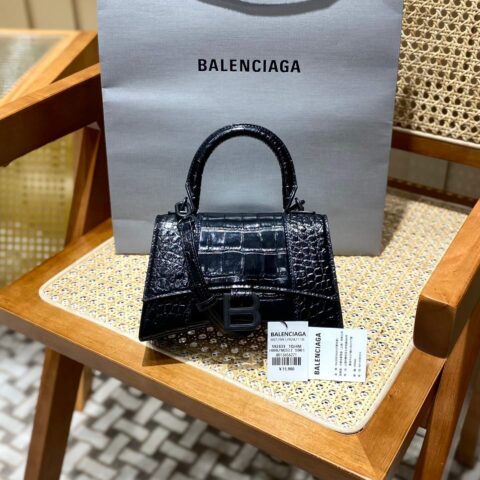Balenciaga Hourglass XS 19CM BAG 鳄鱼纹沙漏包 592833黑色/黑扣