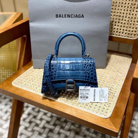 Balenciaga Hourglass XS 19CM BAG 鳄鱼纹沙漏包 592833灰蓝/银扣