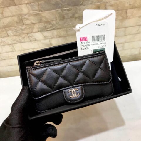 Chanel新款羊皮CC单层多用卡包经典球纹零钱包 AP0374黑色/银扣
