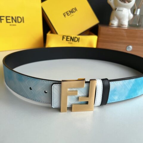 FENDI 芬迪最新非凡创意渐变印花浅蓝色双FF牛皮腰带4.0cm