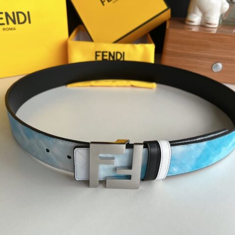 FENDI 芬迪最新非凡创意渐变印花浅蓝色双FF牛皮腰带4.0cm