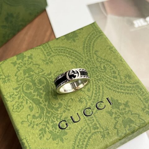新款Gucci古驰情侣款宽版窄版双G黑珐琅戒指