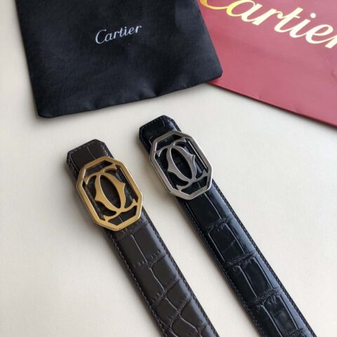 Cartier卡地亚  3.5cm精钢双C方形挂扣 鳄鱼纹腰带