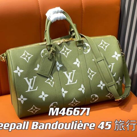 【原单精品】M46671草绿色 全皮压花丝印旅行袋系列 Keepall Bandoulière 45 旅行袋 M46670 M46671