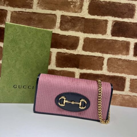 Gucci Horsebit 1955系列链条包 621892粉色灯芯绒