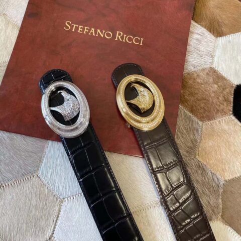 Stefano Ricci 史蒂芬 精钢鹰头镶嵌钻扣 3.8cm 鳄鱼纹腰带