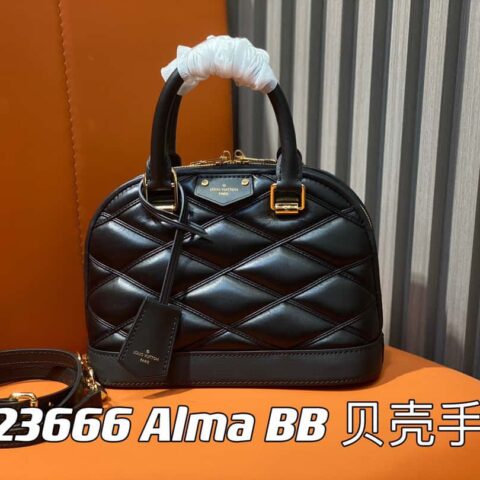 【原单精品】M23666黑色菱格 全皮贝壳包系列 Alma BB 贝壳手袋