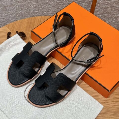 Hermès 196 Santorini 凉鞋 50 掌纹/Epsom 黑色/CK89/Noir