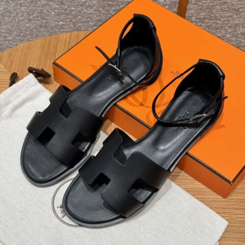 Hermès 196 Santorini 凉鞋 50 平纹/Swift 黑色/CK89/Noir