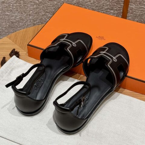 Hermès 196 Santorini 凉鞋 50 平纹/Swift 黑色/ck89/noir